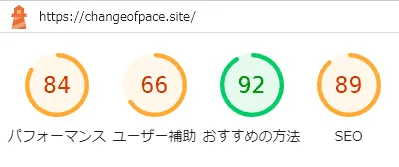 リプレース前のトップページ・モバイルスコア - パフォーマンス：84, ユーザー補助：66, おすすめの方法：92, SEO：89